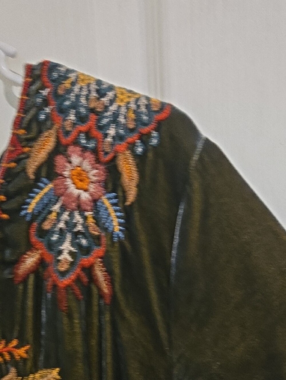 Johnny Was Embroidered Velvet Tunic in Olive with Red and Gold Accents - Picture 4 of 5